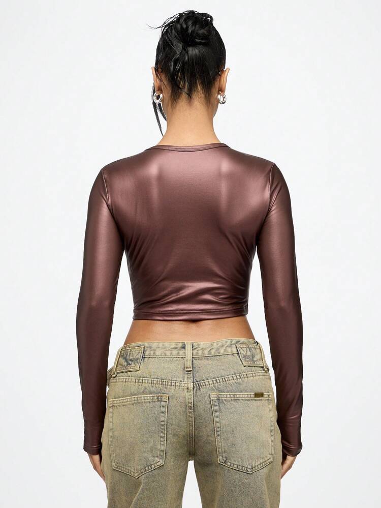 SUMWON WOMEN Metaliczny, dopasowany, elastyczny top z długim rękawem i golfem