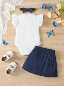 SHEIN 3 件套女婴盖袖上衣和裙子夏季套装 - 白色 - 查看 2