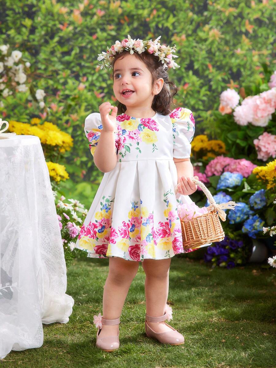 SHEIN 女婴夏季可爱优雅花卉图案连衣裙