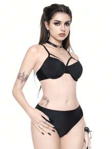ROMWE Gothic Waterdrop Shaped Bikini Set Swimwear, For Summer Beach Vacation, Halloween - Black - View 1