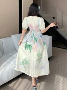 DAZY 1 pieza Vestido suelto de manga abullonada con escote en V y estampado floral para mujer - Albaricoque - Ver 2