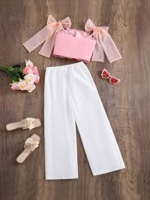 SHEIN 2pcs/Set Tween Girls Ruffle Bow Knot Camisole Top & Loose Casual Pants Set - Multicolor - View 3