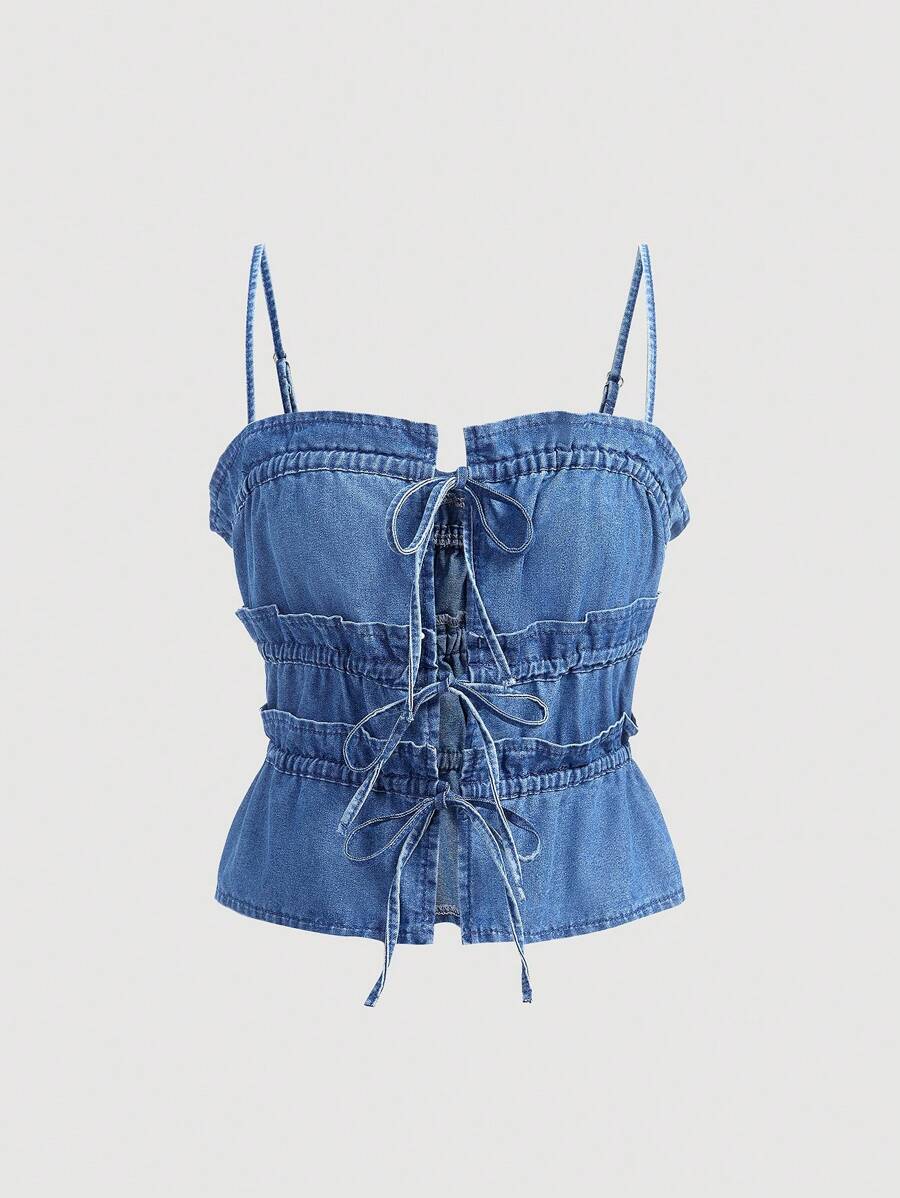 Débardeur Femme M&S Mode - Bleu Jean Avec Froufrous - Taille L - Occasion Parfaite
