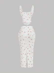 SHEIN MOD Women Ditsy Floral Form-Fitting Camisole And Midi Skirt 2 Pieces Set, Spring/Summer Outfits,Rave Outfits Festival,Floral Set,Country Outfits Women,Boho Women Clothing,Summer Vacation Outfits,Holiday ,Beach Outfits,Carnival Costume,Spring Outfit - White - View 2