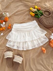 Soleia Vacation Lace Double Ruffle Hem Mini Skirt - White - View 5
