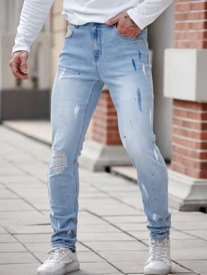 Manfinity Homme Jeans azules ajustados y desgastados para hombre, ropa casual minimalista de uso diario