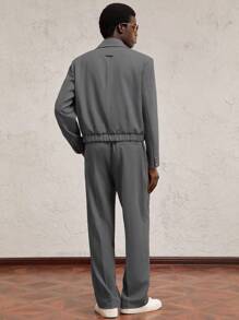 AKNOTIC Party 2pcs Khaki Suit Set For Men, Woven Loose-Fit Padded Shoulder Lapel Collar Long Sleeve Short Elastic Hem Suit Set, Suitable For Daily Wear And Commute, Metal Accessories, Graduation Gift - Dark Grey - View 6