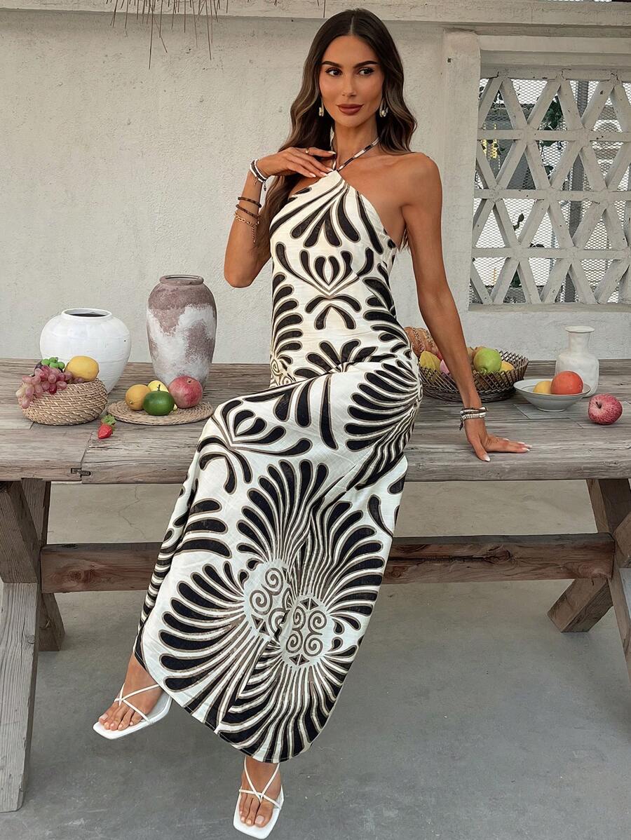 SHEIN VCAY Robe longue moulante style halt?�re ?� imprim?� vacances pour femmes | Mode en ligne 