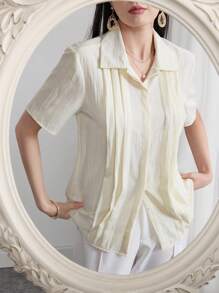 Seusyu Women's Solid Color Simple Casual Pleated Pearl Collar Short Sleeve Shirt - Yellow - View 5
