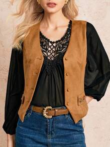 Poéselle 女士撞色蕾丝宽松长袖优雅衬衫，波西米亚风长袖蕾丝领衬衫，春季，波西米亚风，西部风，纳什维尔风，音乐会服装 - 黑色 - 查看 5