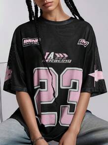 SHEIN Tween Girl Knit Mesh Numeric & English Letter Print Loose Dropped Shoulder Pullover T-Shirt, Suitable For Back To School, Sports Event, Fashion Streetwear