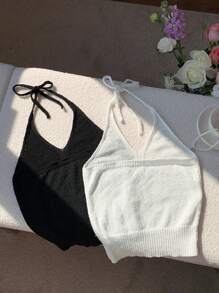 Comfortcana 2pcs Women's Spring/Summer Beach New Knitted Cute Halter Tops, Vacation Clothes