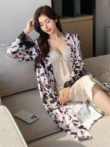 DAZY 2pcs Satin Leopard Print Robe Set, Velvet Camisole Nightgown Sleepwear Set Pajama - White - View 1