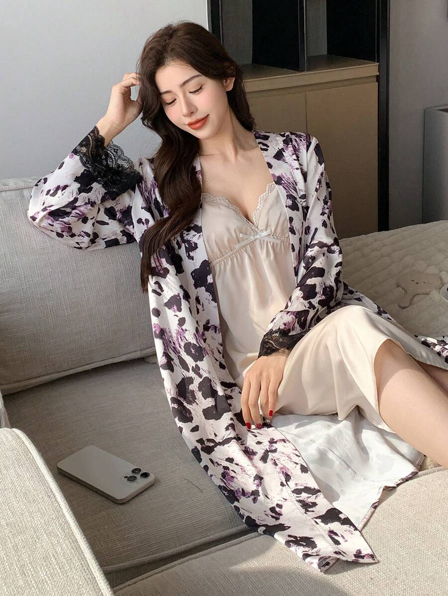 DAZY 2pcs Satin Leopard Print Robe Set, Velvet Camisole Nightgown Sleepwear Set Pajama - White - View 1