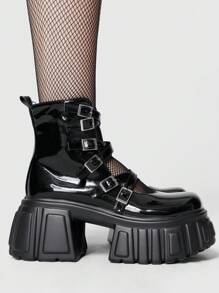 ROMWE Goth Zapatos de tacón de cuña y plataforma con diseño de hebilla ajustable múltiple para mujer - Negro - Ver 4