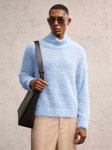 AKNOTIC Business Casual Men's Oversized High Neck Loose Drop Shoulder Long Sleeve Sweater, Suitable For Autumn/Winter - Baby Blue - View 4