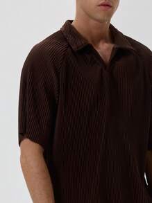 Musero Men Plisse Polo Boxy Buttonless Short Sleeve Shirt Spring Summer - Rust Brown - View 3