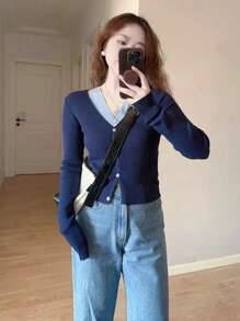 SHEIN EZwear Women's Solid Color Button Front Long Sleeve Casual Blouse, Everyday Wear - Royal Blue - View 8