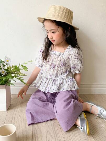 Dazy Kids 2pcs/Set Young Girl Square Collar Short Sleeve Printed Casual Top And Pants Set Easter