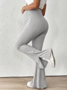 SHEIN Maternity Casual Solid Color Adjustable Waist Flared Pants - Light Grey - View 2
