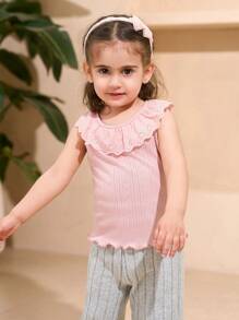 SHEIN 2pcs/Set Baby Girls Pink & Apricot Color Top With Ruffle Collar Casual Outfit, Suitable For Outdoor Wear, Spring/Summer - Black - View 6