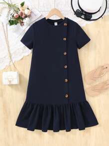 SHEIN Tween Girls Loose Round Neck Short Sleeve Button Decor A-Line Midi Dress