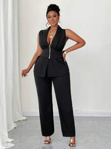Maweii Conjunto de 2 piezas de talla grande - Chaleco sin mangas de unicolor con cremallera y pantalones, uso diario casual y elegante
