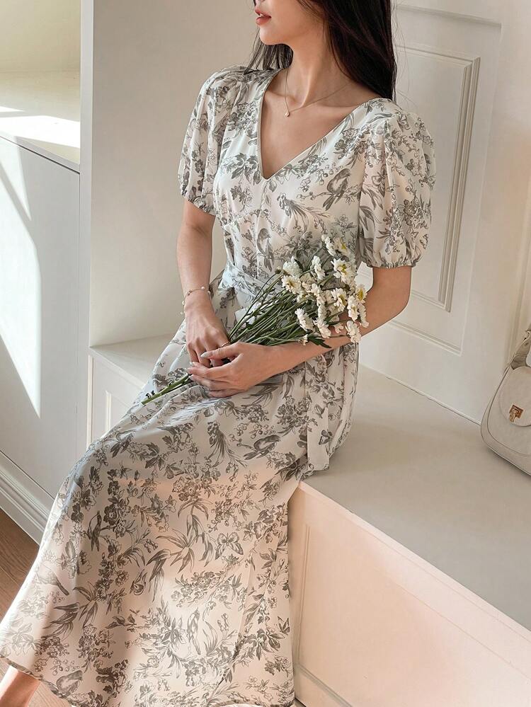 Elegant V-Neck Printed Dress For Women Sundress Floral