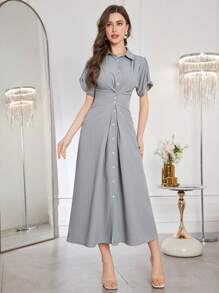 Mulvari Women's Korean Wave Pleated Collar, Single-Breasted Waist-Defining Minimalist Short Sleeve Long Dress