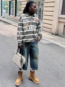 AXEPEAK 男士数码印花宽松针织长袖 Polo 衫 - 灰色 - 查看 3