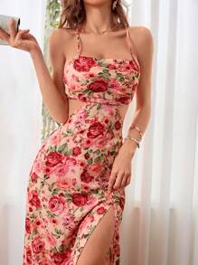 SHEIN VCAY Váy suông hở lưng xẻ cao không tay có cạp chun khoét sâu, trang phục đi nghỉ - Nhiều màu - Xem 7