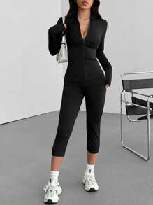 Muchica 黑色针织紧身长袖短款上衣和紧身裤运动套装 - 黑色 - 查看 3