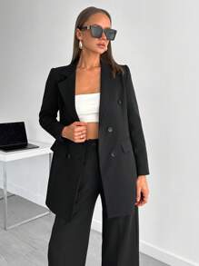 EURMUSE Elegant Style, Premium Quality, Double Breasted Jacket With Straight Fit Pant Set - Black - View 6