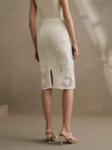 Anewsta 高端法式刺绣镂空修身半身裙高腰针织裙春夏情人节度假 - 米色 - 查看 6