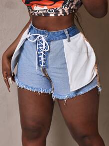 Slaydiva Women's Solid Color Patchwork Front Tie Frayed Hem Casual Denim Shorts - Multicolor - View 4