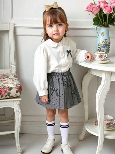 SHEIN Young Girl Newly Launched Set Includes A Long-Sleeved Shirt With A White Turn-Down Collar And Bow For Little Girls, And A Polka Dot Pleated Skirt With A Bow. It's Comfortable, Fashionable, Elegant, Sweet, Cute, Lively, Fresh And A Must-Have For Daily Wear And .