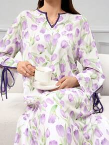 Yasmyna 女士迷你碎花土耳其和阿拉伯传统长袍，朴素的卡夫坦 - 紫色 - 查看 2