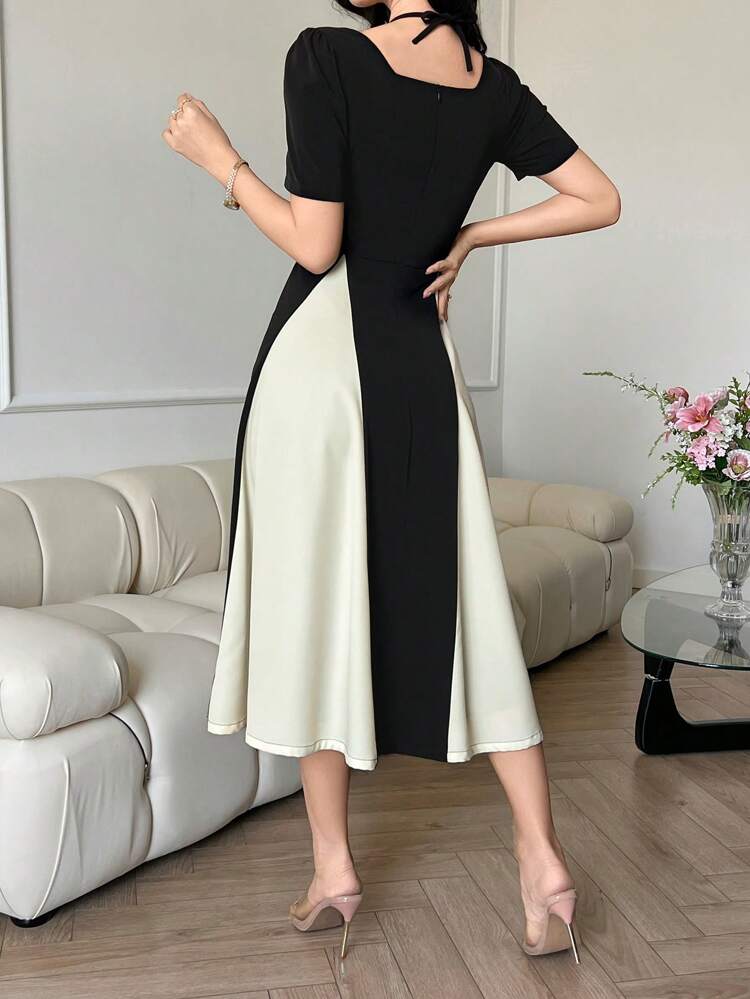 Color Block Criss-Cross Halter Flared Sleeve Mid-Calf Women Dress Prom Dress Elegant Sundress