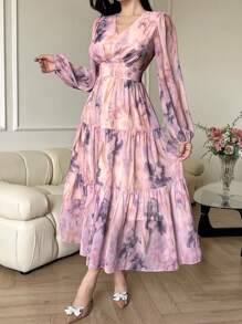 DAZY Women's Tie-Dye Print V-Neck Long Sleeve Ruffle Hem Elegant Dress,Fall Dress Vacation Outfits Women Floral - Purple - View 4