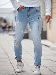 Manfinity Homme Jeans azules ajustados y desgastados para hombre, ropa casual minimalista de uso diario - Lavado ligero - Ver 6