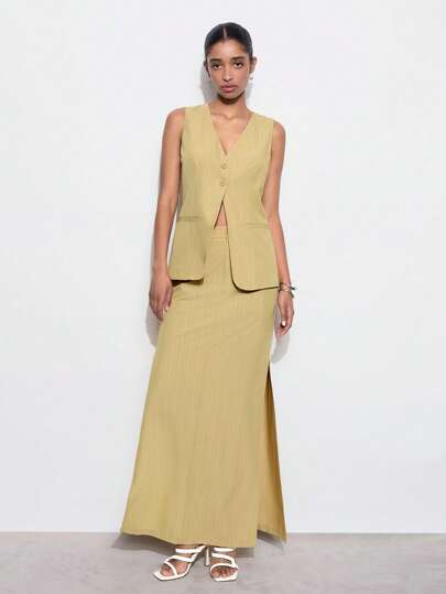 Maija 女士纯色单排扣 V 领无袖休闲西装外套