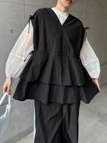 FRIFUL Women's Black Loose V-Neck Jacket With Waist Ruffle, Elegant, Spring - Black - View 6