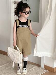 Dazy Kids 2pcs/Set Young Girl Letter Print Round Neck Camisole And Bib Shorts Set