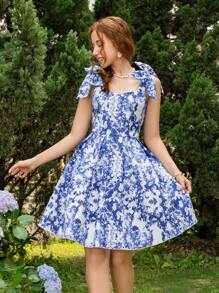 Elegant Blue Floral Print Dress With Detachable Bow Decor For Teen Girls, Party Occasion - Blue - View 4