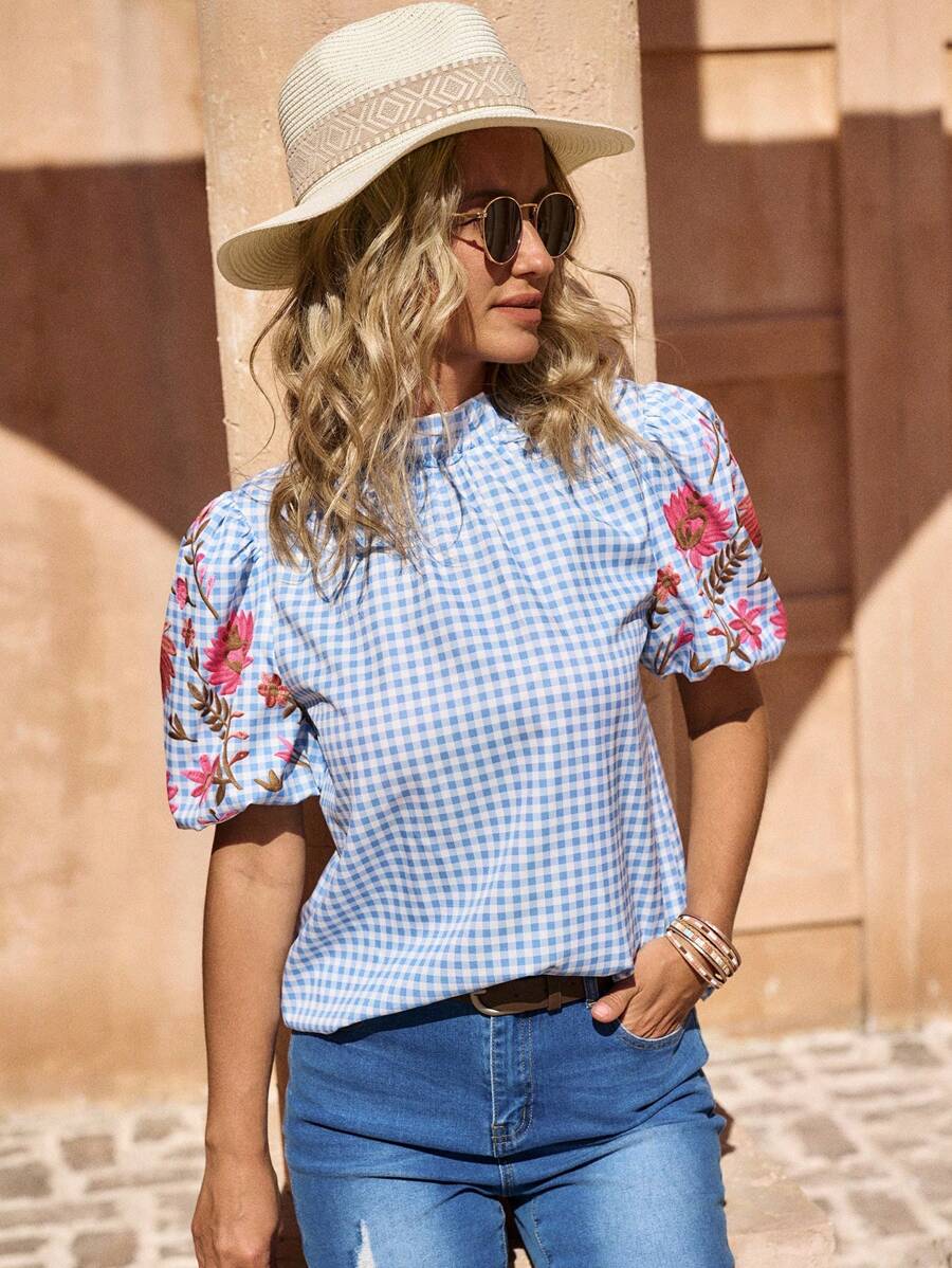 LanaWest 女士休闲西部乡村花卉泡泡袖荷叶边领格子衬衫 - 藍色 - 查看 1