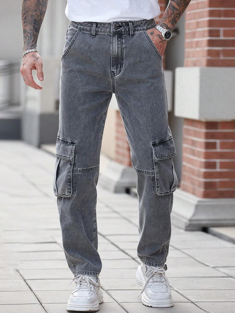 Manfinity Homme Men's Gray Loose Straight Leg Casual Cargo Jeans - Grey - View 1