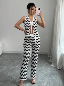 SHEIN Unity 2pcs/Set Women Lace-Up Sleeveless Striped Crop Top & Wide Leg Pants Knitted Sweater Set Fall Cloth For Women - Black and White - View 3