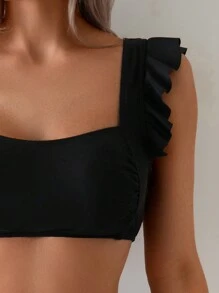 Swim Lushoire Women's Swimwear Set, Strapless Square Neck Solid Color Bikini Set With Ruffled Strap, For Summer Beach Vacation