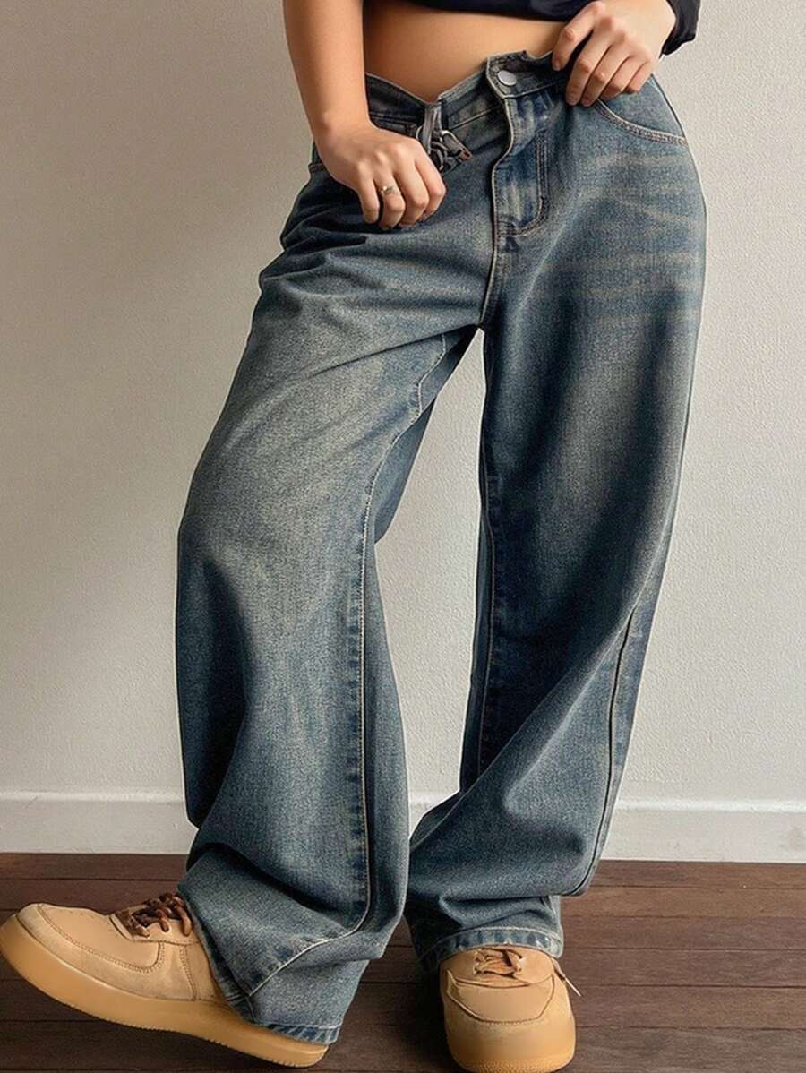 Dazy Petite Plus Retro Washed White Slim Straight Leg Long Jeans, Suitable For All Seasons - Blue - View 1