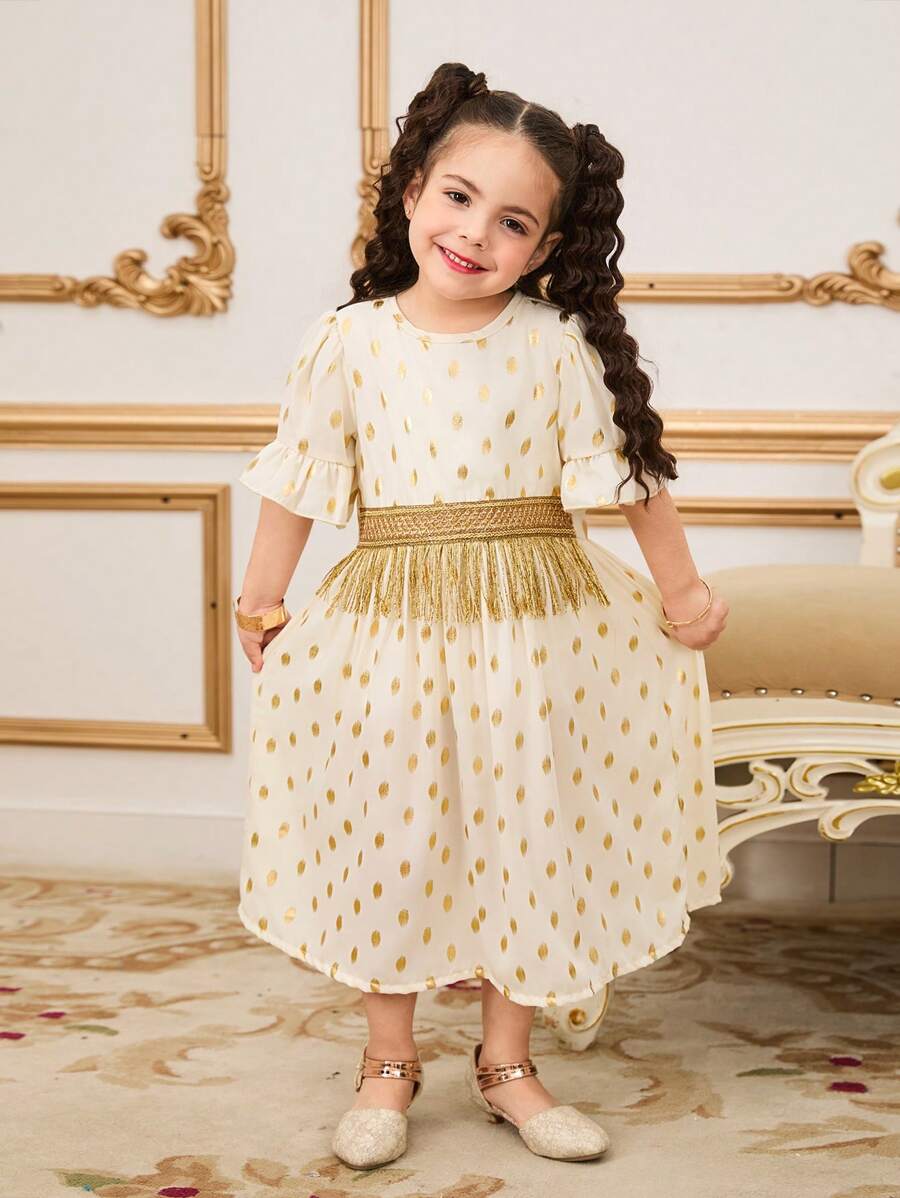 Đầm trẻ em chấm bi vàng màu mơ tay bèo thanh lịch, thích hợp cho các buổi họp mặt gia đình - trắng - Xem 1